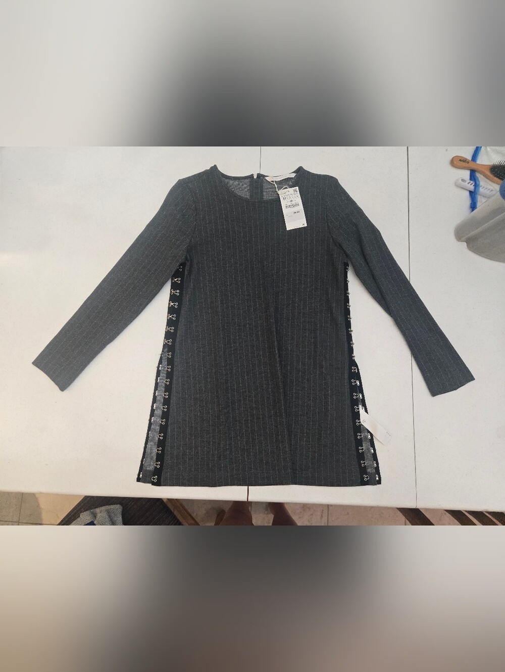 Zara Dark Charcoal Pinstripe with Hook-Trim Tunic